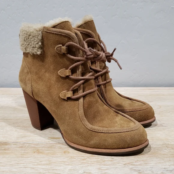 NWOB! UGG "ANALISE" Women's Suede Sheepskin High Heel Ankle Boots (8) Chestnut - Picture 4 of 10